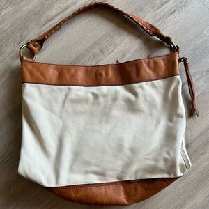 Lucky Brand Cream Cotton Canvas & Medium Brown Leather Large Bucket Tote Bag